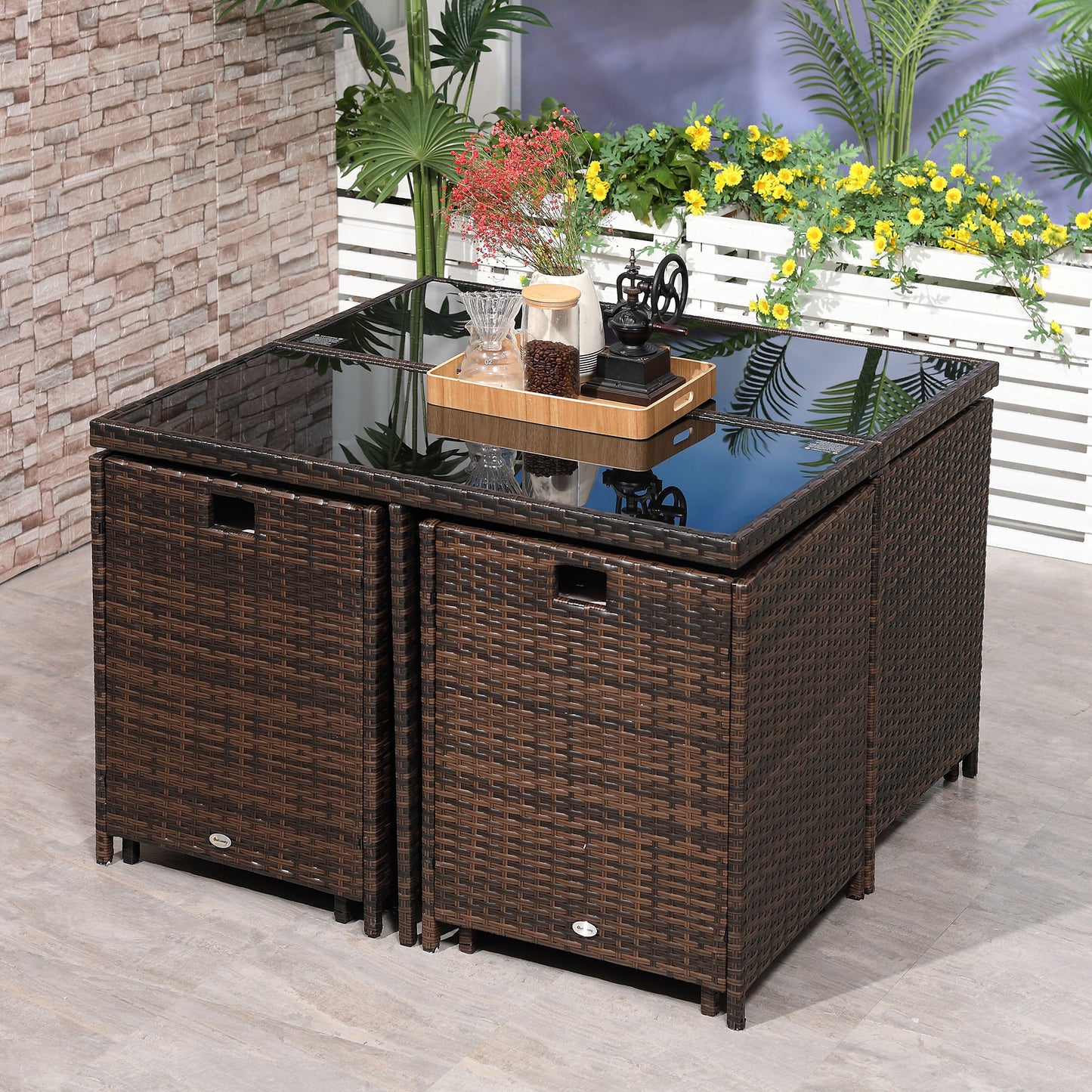 Luso Brown 8 Seater Cube Garden Dining Set With Square Glass Table