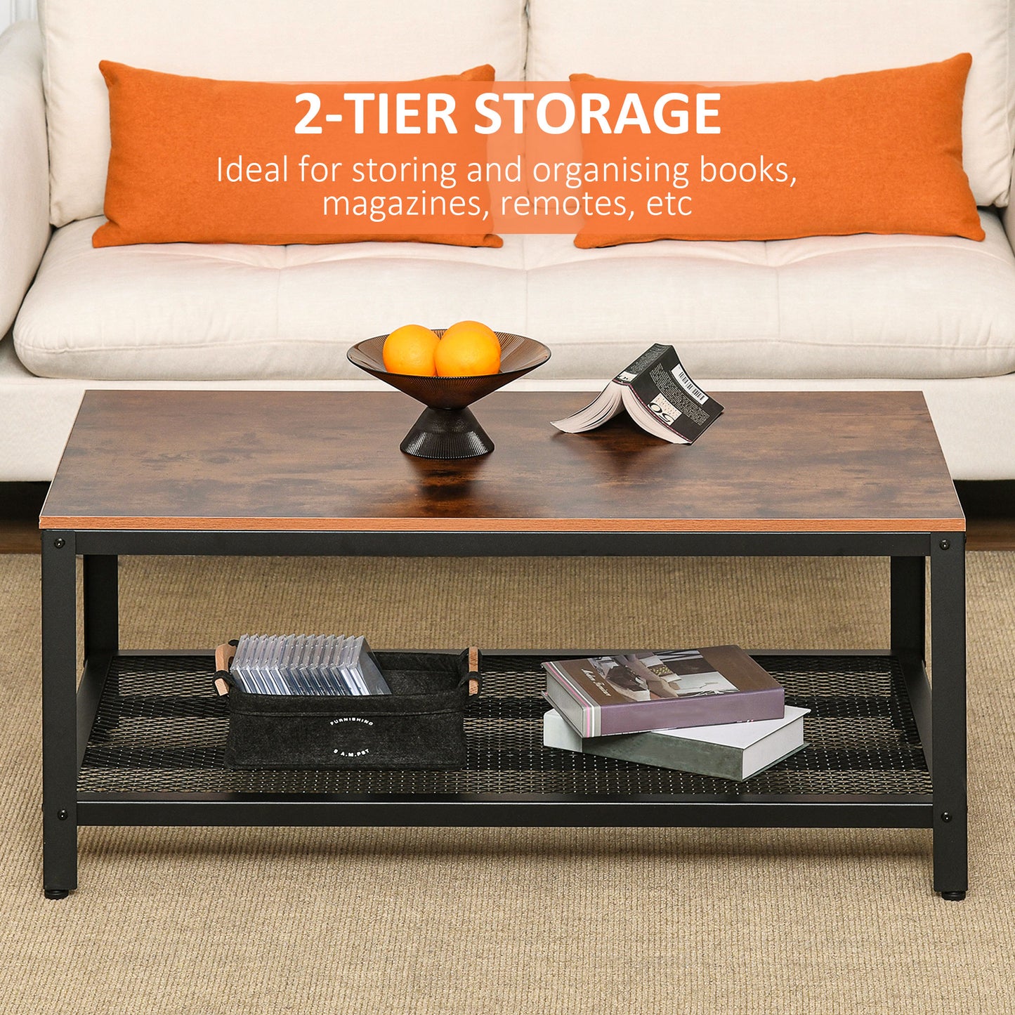 Mivefa Metal And Wood Rustic Brown Industrial Coffee Table With Bottom Mesh Shelf
