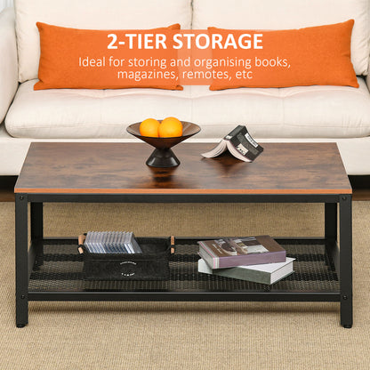 Mivefa Metal And Wood Rustic Brown Industrial Coffee Table With Bottom Mesh Shelf