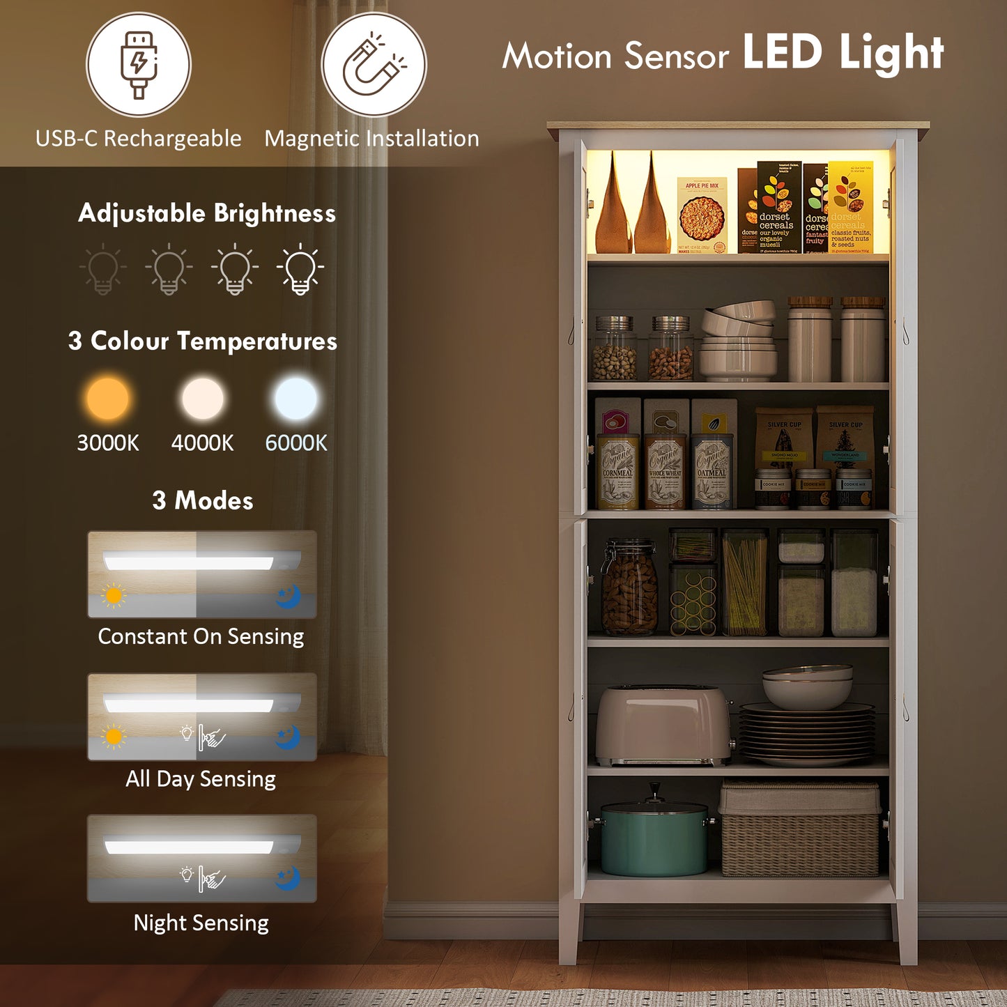 Kaha Wooden White Tall Pantry Cabinet With Motion Sensor LED Lighting 176.5 cm