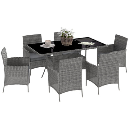 Lona Rattan Charcoal Grey 6 Seater Outdoor Dining Set With Cushioned Armchairs And Rectangular Glass Table