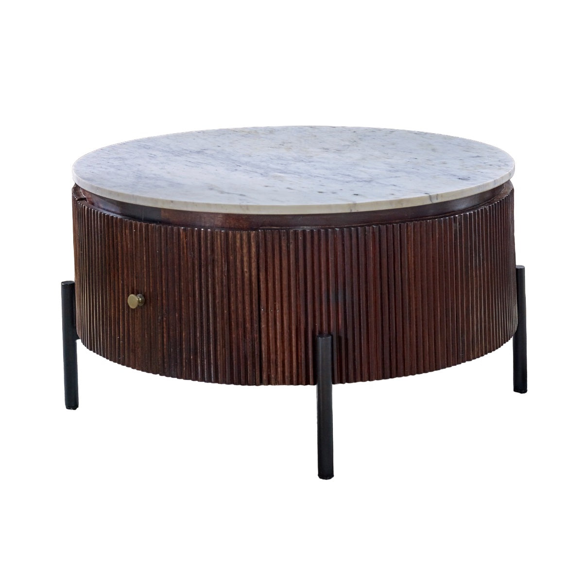 Alabama Ribbed Mango Wood Round Fluted Coffee Table With Marble Top and Metal Legs