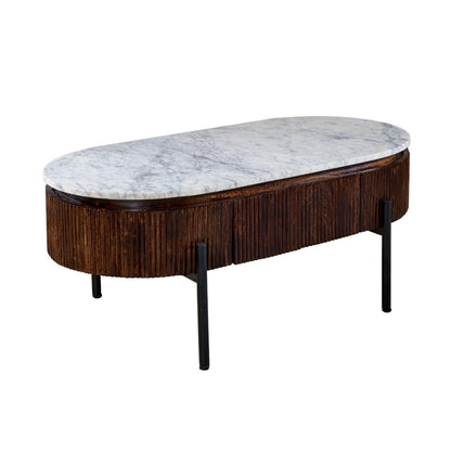 Alabama Ribbed Mango Wood Rectangular Coffee Table With Marble Top and Metal Legs