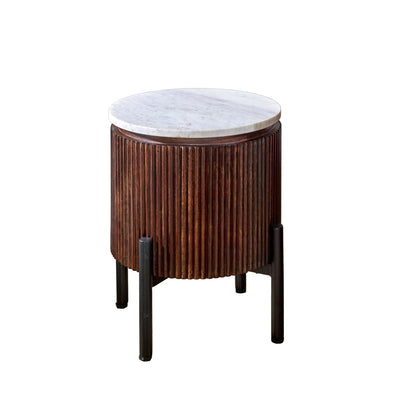 Alabama Ribbed Mango Wood Side Table With Marble Top and Metal Legs