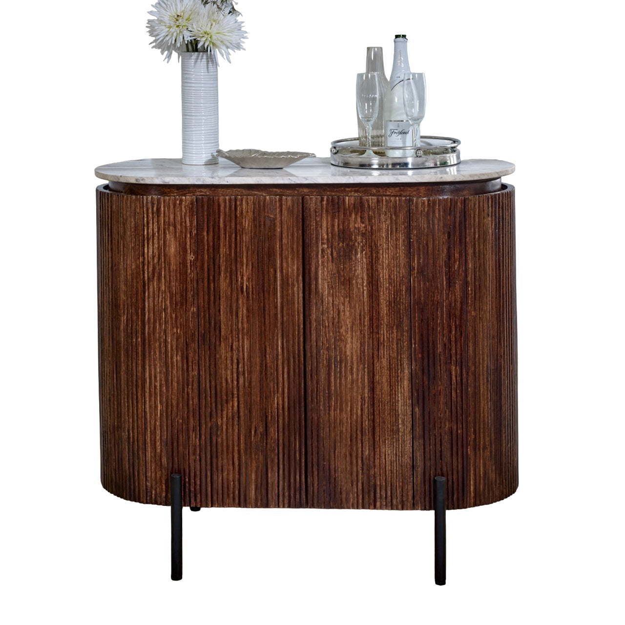 Alabama Ribbed Solid Wood Sideboard Drinks Cabinet With Marble Top and Metal Legs