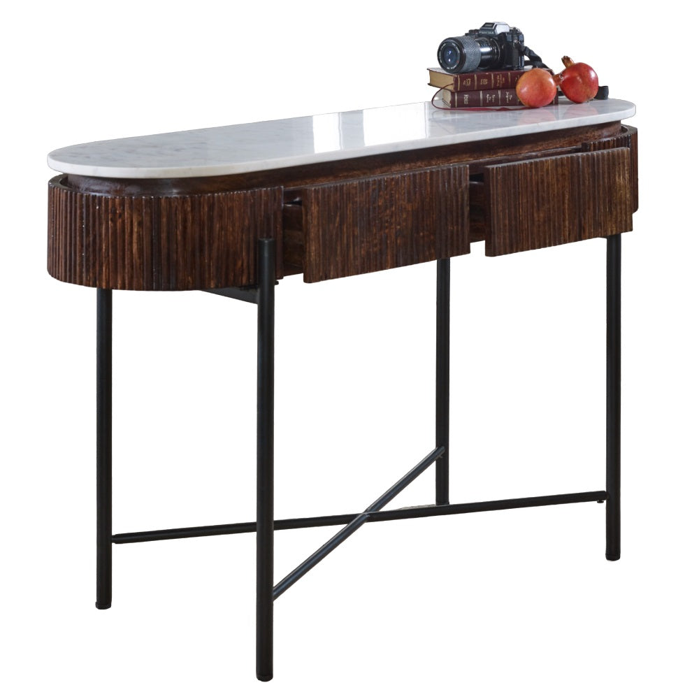 Alabama Ribbed Mango Wood Console Table With Marble Top and Metal Legs