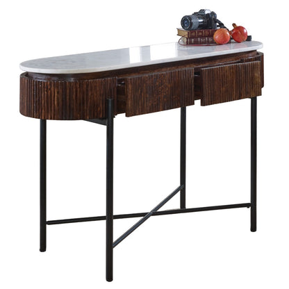 Alabama Ribbed Mango Wood Console Table With Marble Top and Metal Legs