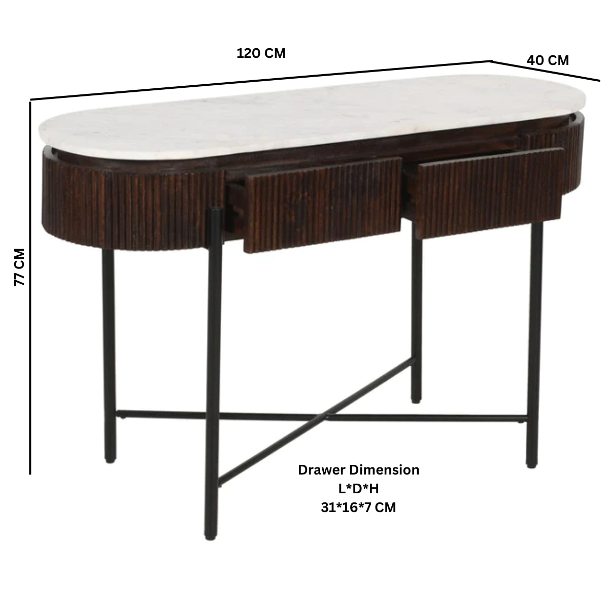 Alabama Ribbed Mango Wood Console Table With Marble Top and Metal Legs