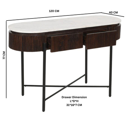Alabama Ribbed Mango Wood Console Table With Marble Top and Metal Legs