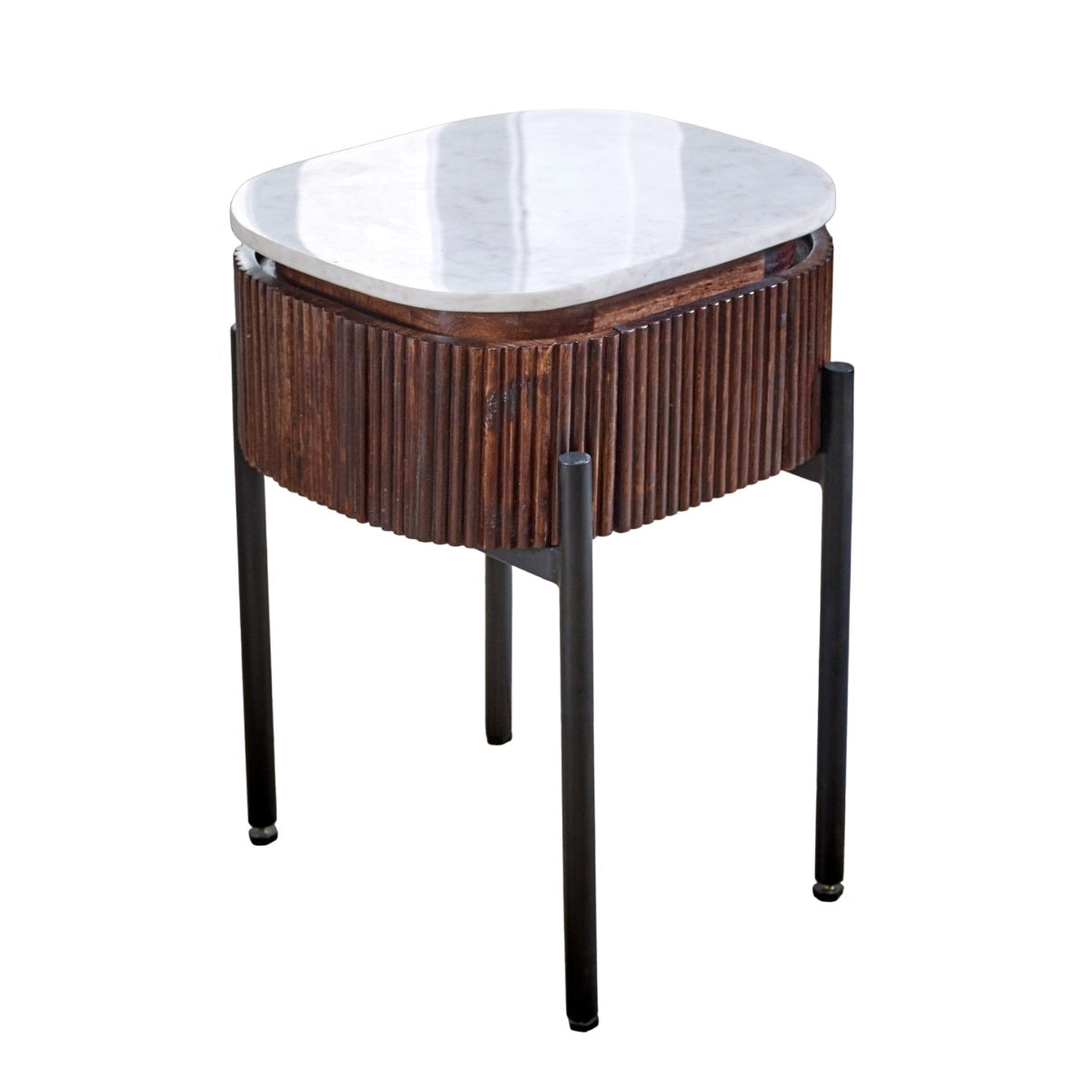 Alabama Ribbed Mango Wood Bedside Table With Marble Top and Metal Legs