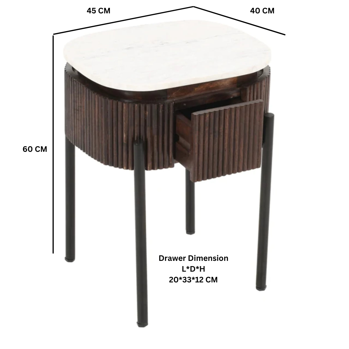 Alabama Ribbed Mango Wood Bedside Table With Marble Top and Metal Legs