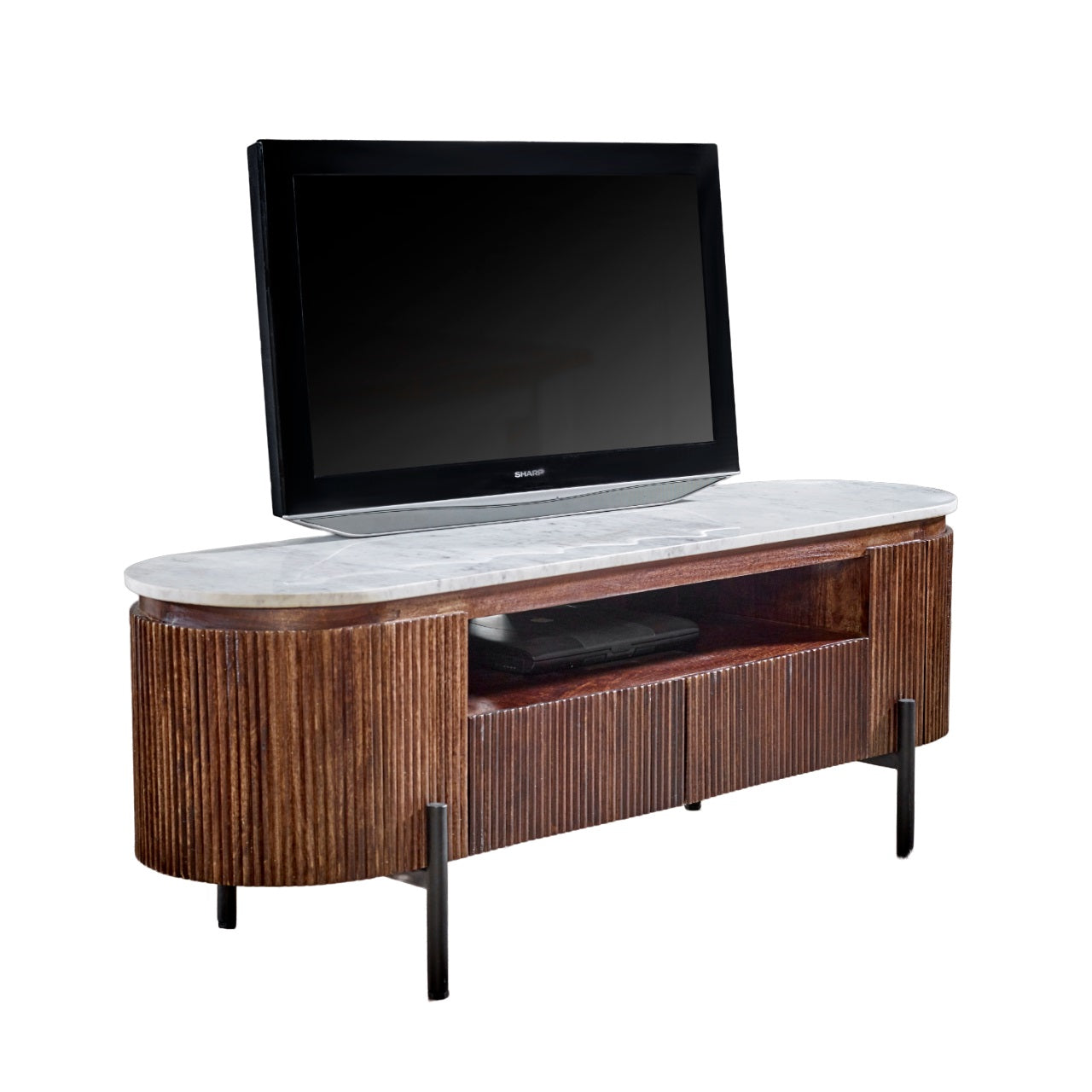 Alabama Ribbed Mango Wood TV Cabinet With Marble Top and Metal Legs
