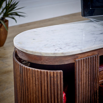 Alabama Marble Top and Ribbed Mango Wood TV Unit With Drawers