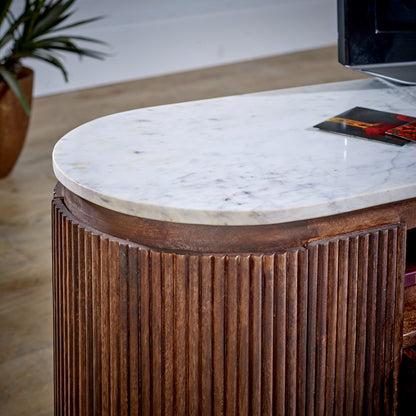 Alabama Marble Top and Ribbed Mango Wood TV Unit With Drawers