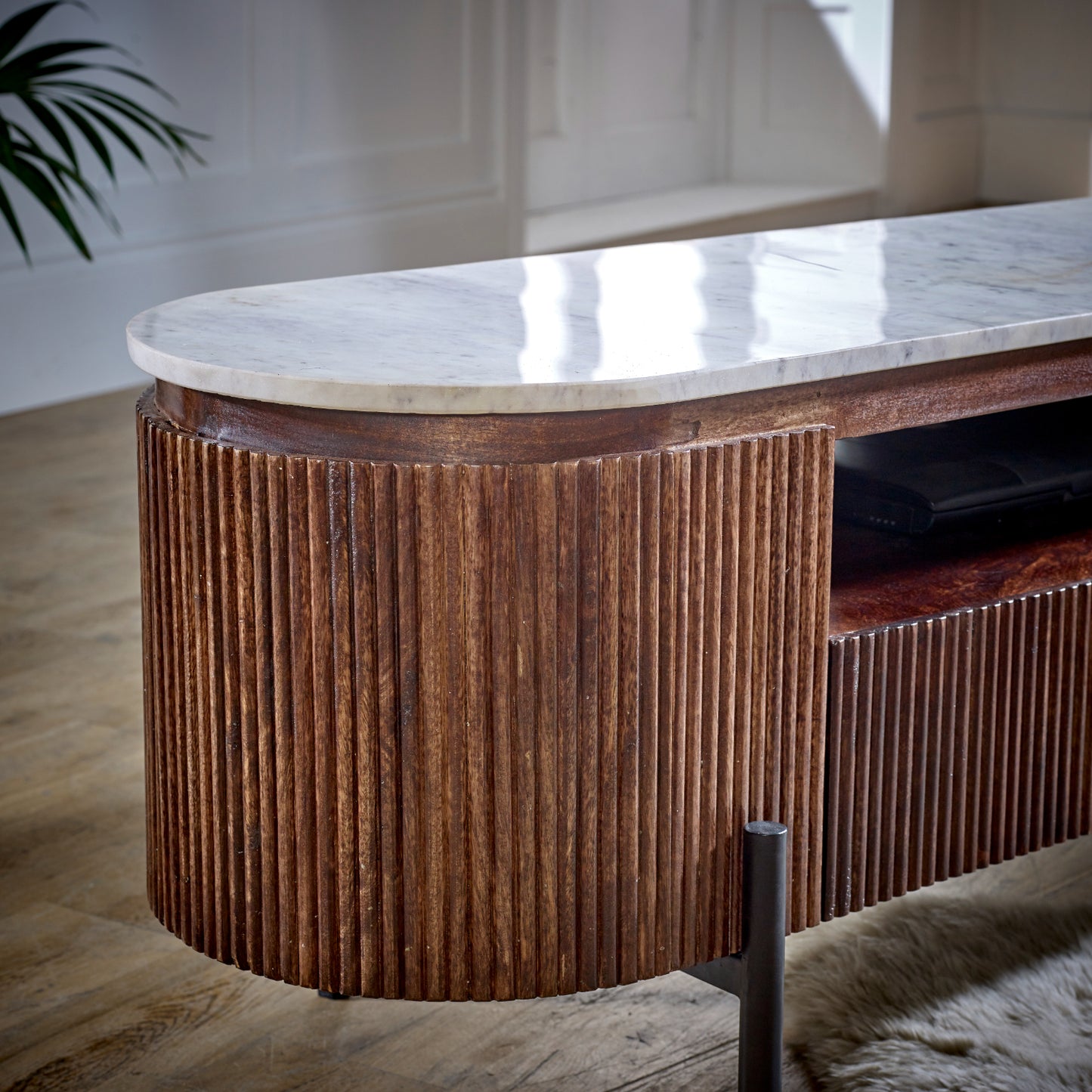 Alabama Marble Top and Ribbed Mango Wood TV Unit With Drawers