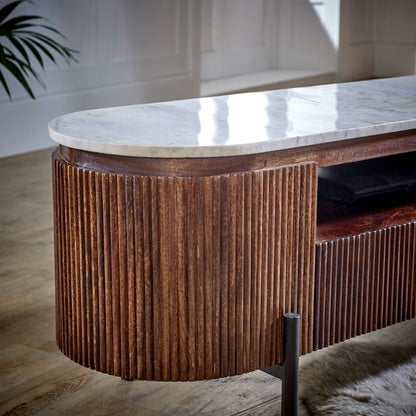 Alabama Marble Top and Ribbed Mango Wood TV Unit With Drawers