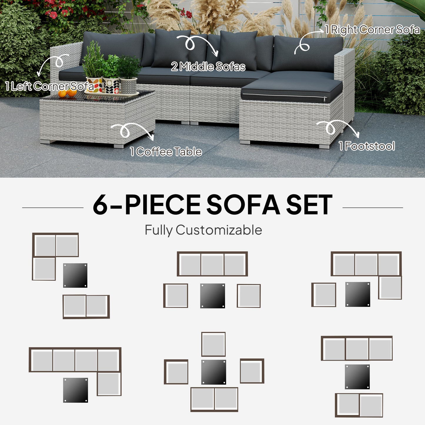 Lemi Rattan Mixed Grey 5 Seater Outdoor Corner Sofa Set With Cushions