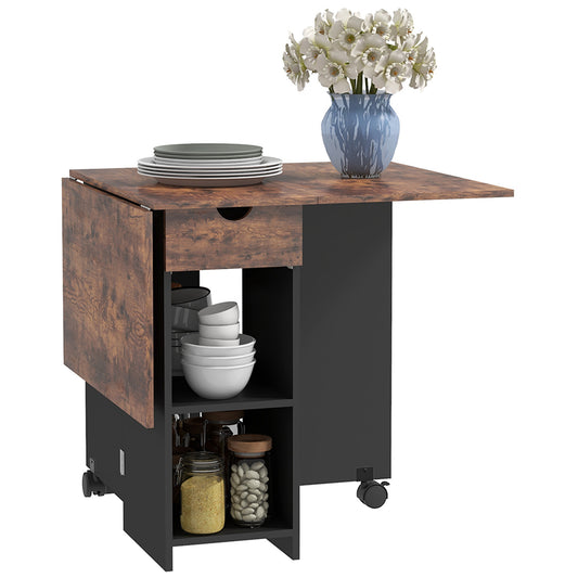 Wooden Rustic Brown Folding Drop Leaf Dining Table With Drawer And Storage Shelves