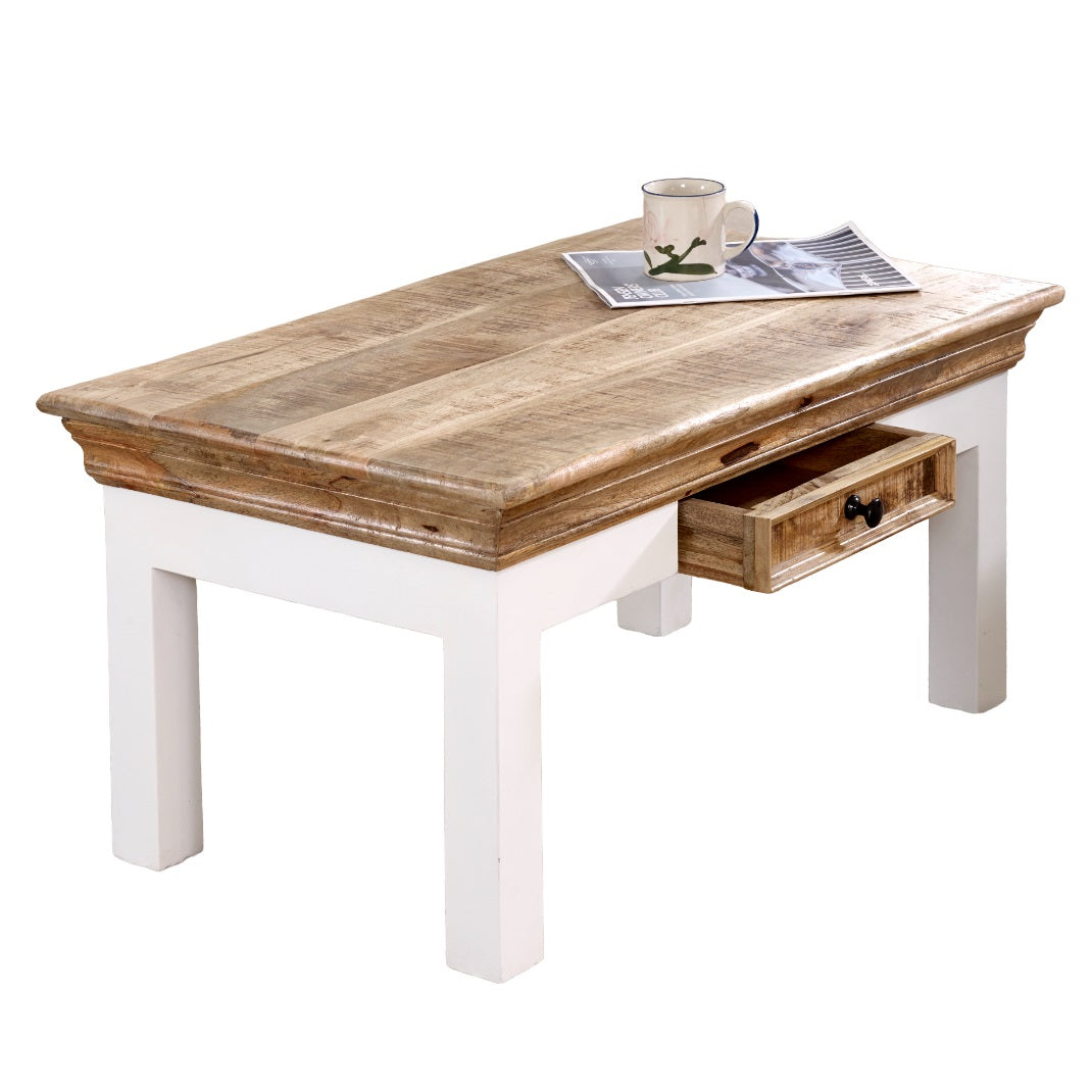 Alington White and Natural Solid Mango Wood Coffee Table With Drawer