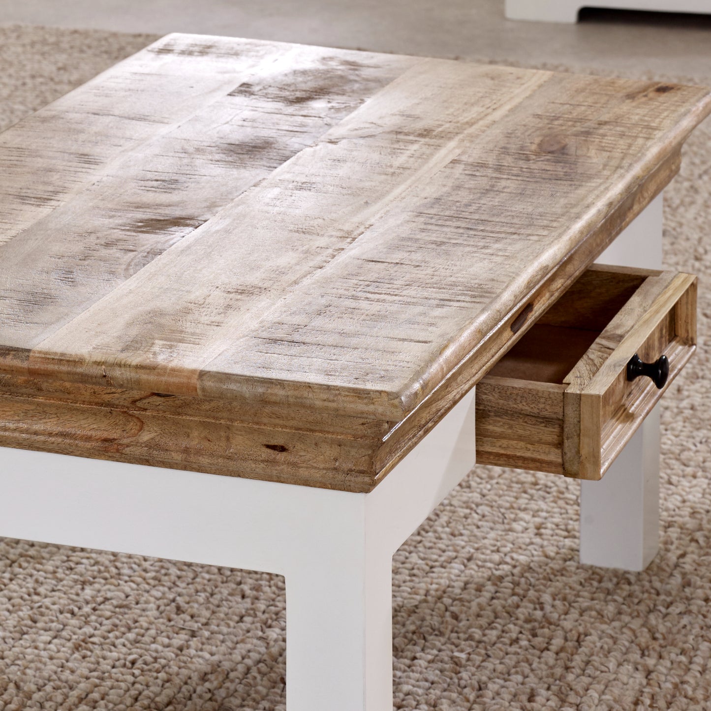 Alington White and Natural Solid Mango Wood Coffee Table With Drawer