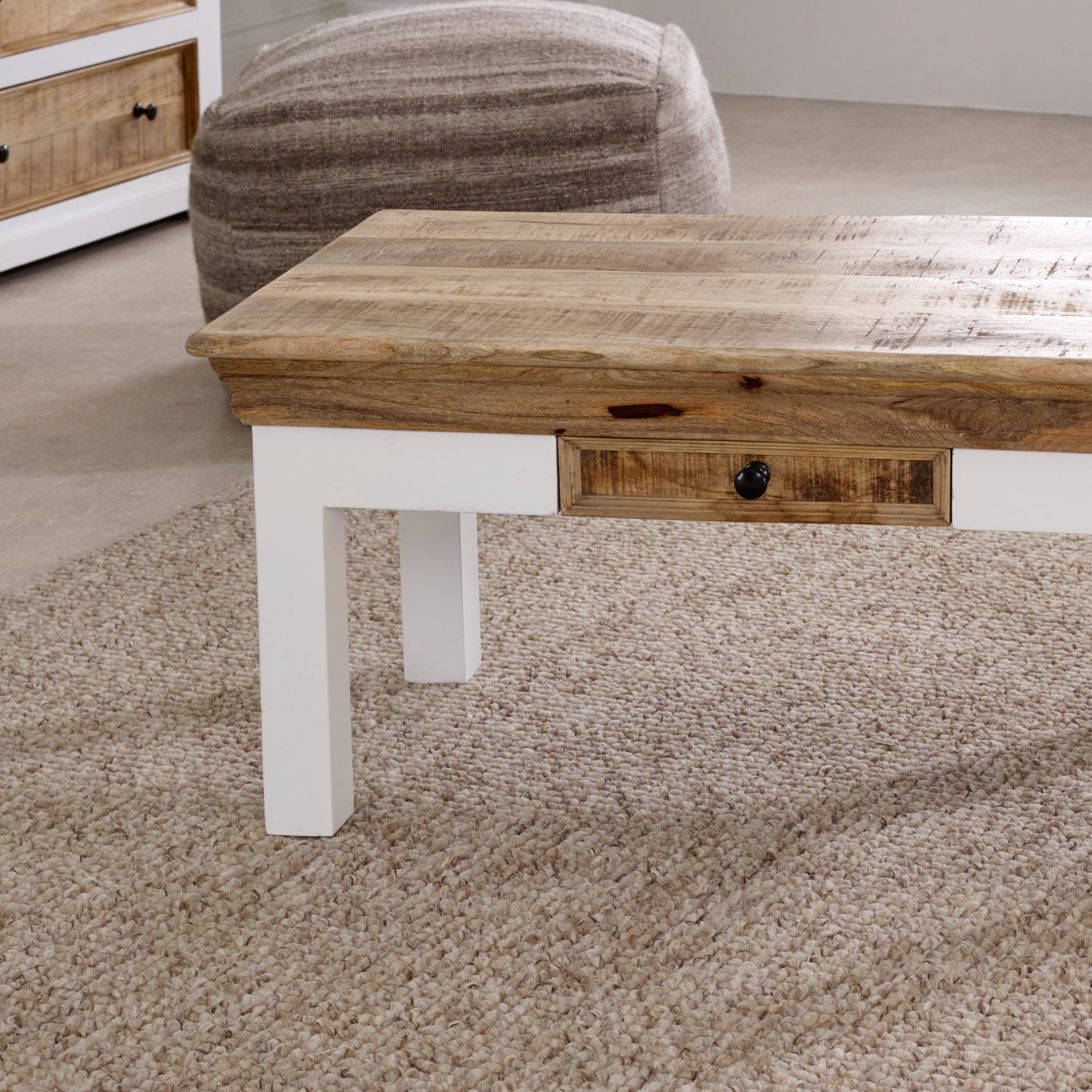 Alington White and Natural Solid Mango Wood Coffee Table With Drawer