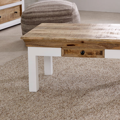 Alington White and Natural Solid Mango Wood Coffee Table With Drawer