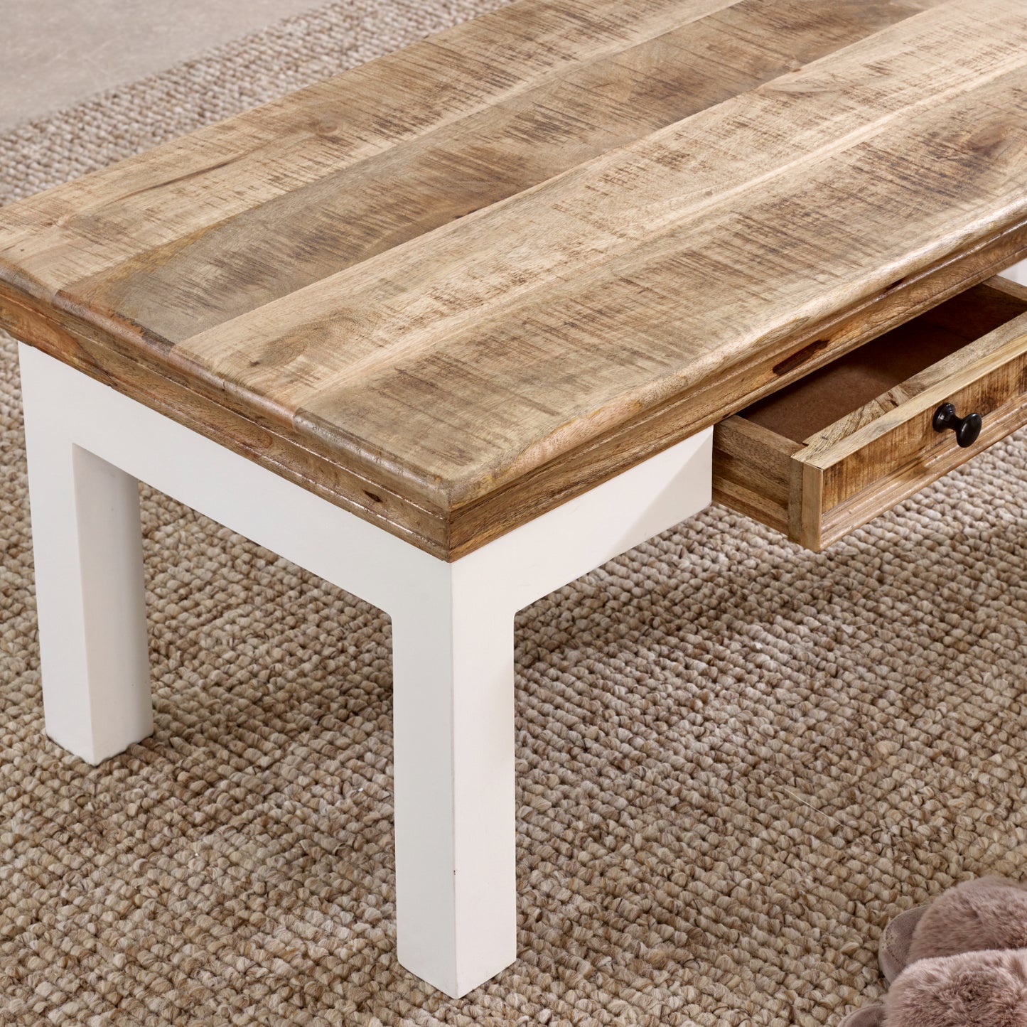 Alington White and Natural Solid Mango Wood Coffee Table With Drawer