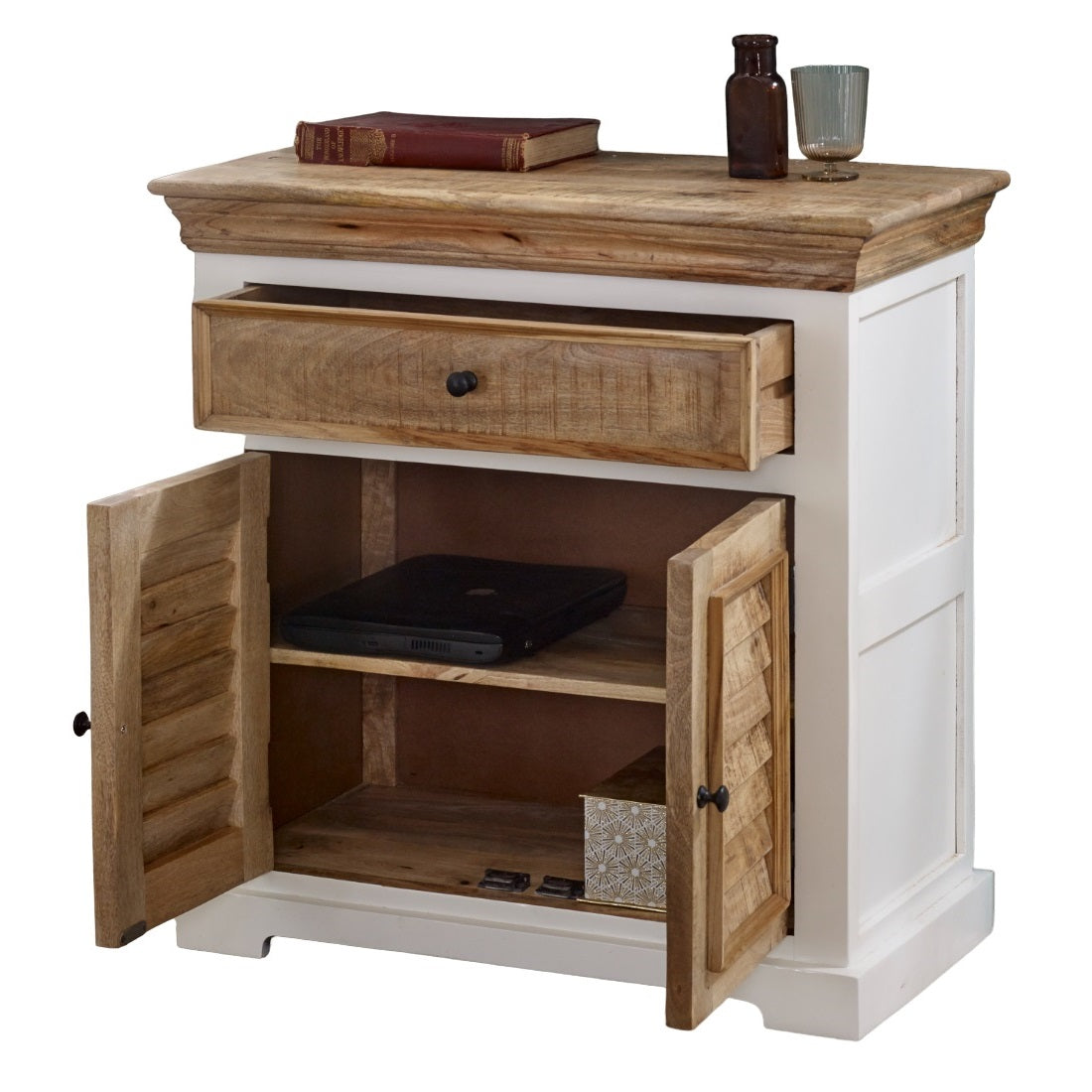 Alington White and Natural Solid Wood Sideboard 1 Drawer and 2 Doors