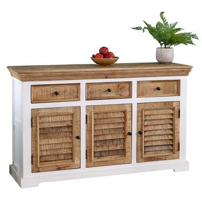 Alington White and Natural Solid Wood Sideboard With 3 Drawers and 3 Doors