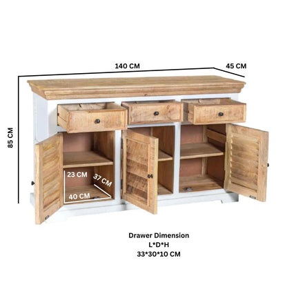 Alington White and Natural Solid Wood Sideboard With 3 Drawers and 3 Doors