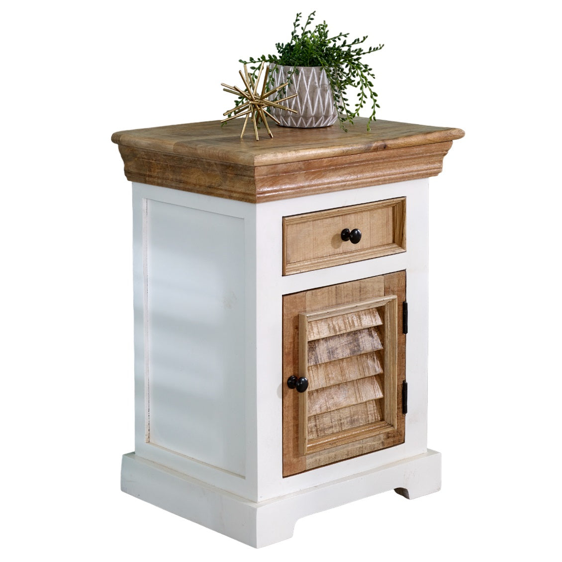 Alington White and Natural Mango Wood Bedside Cabinet With Drawer and Door