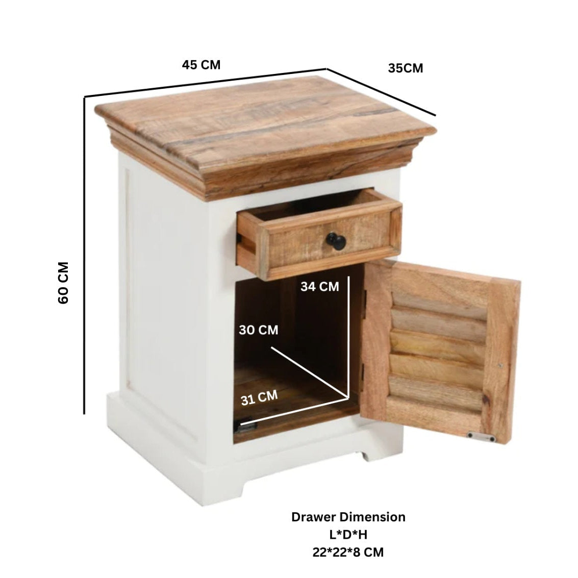 Alington White and Natural Mango Wood Bedside Cabinet With Drawer and Door
