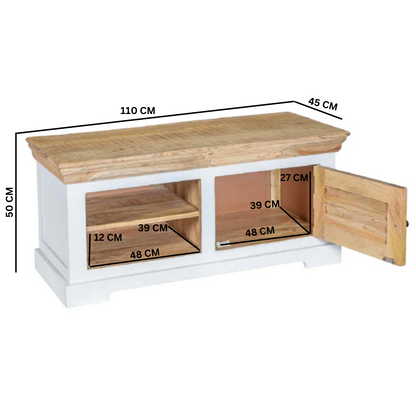 Alington White and Natural Solid Wood TV Cabinet Bench 1 Door and Shelves