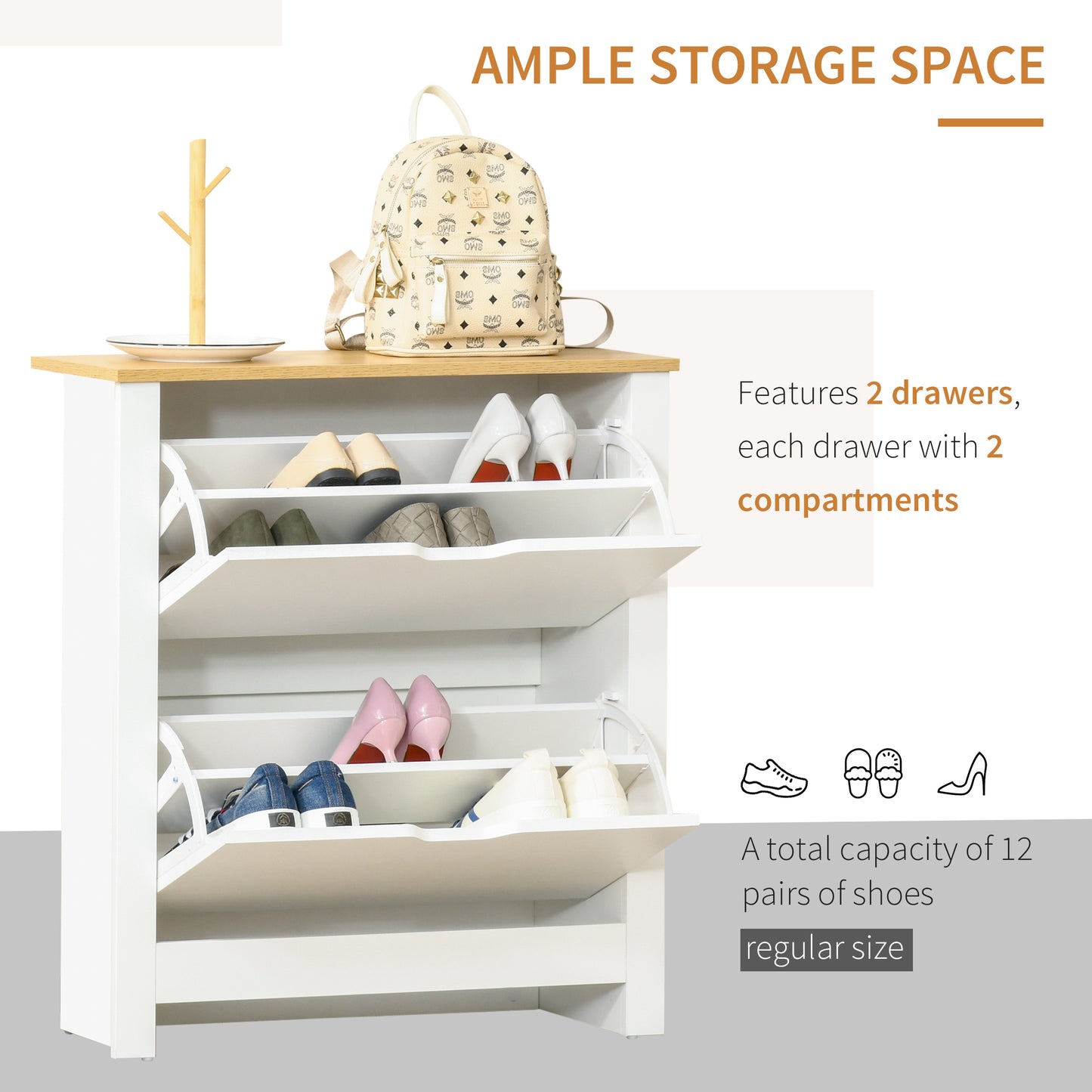 Eldino Wooden White and Natural Slim Shoe Cabinet With 2 Flip Drawers For 12 Pairs