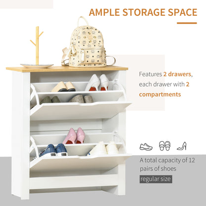 Eldino Wooden White and Natural Slim Shoe Cabinet With 2 Flip Drawers For 12 Pairs