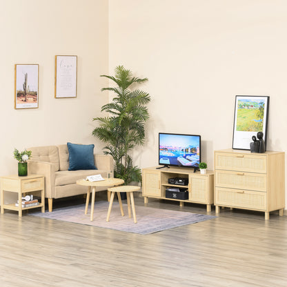 Tafa Natural Wood Bedside Table With Rattan Drawer And Open Storage Shelf