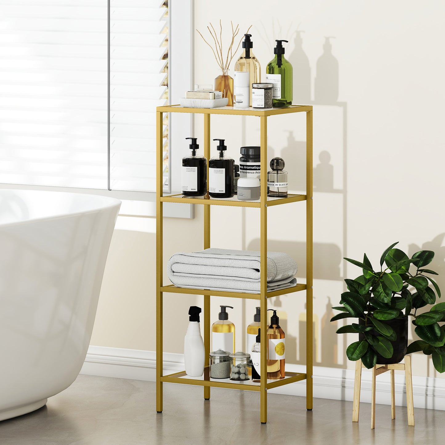 Nopazi Tofi Metal And Glass Gold Tone 4 Tier Vertical Display Shelving Unit