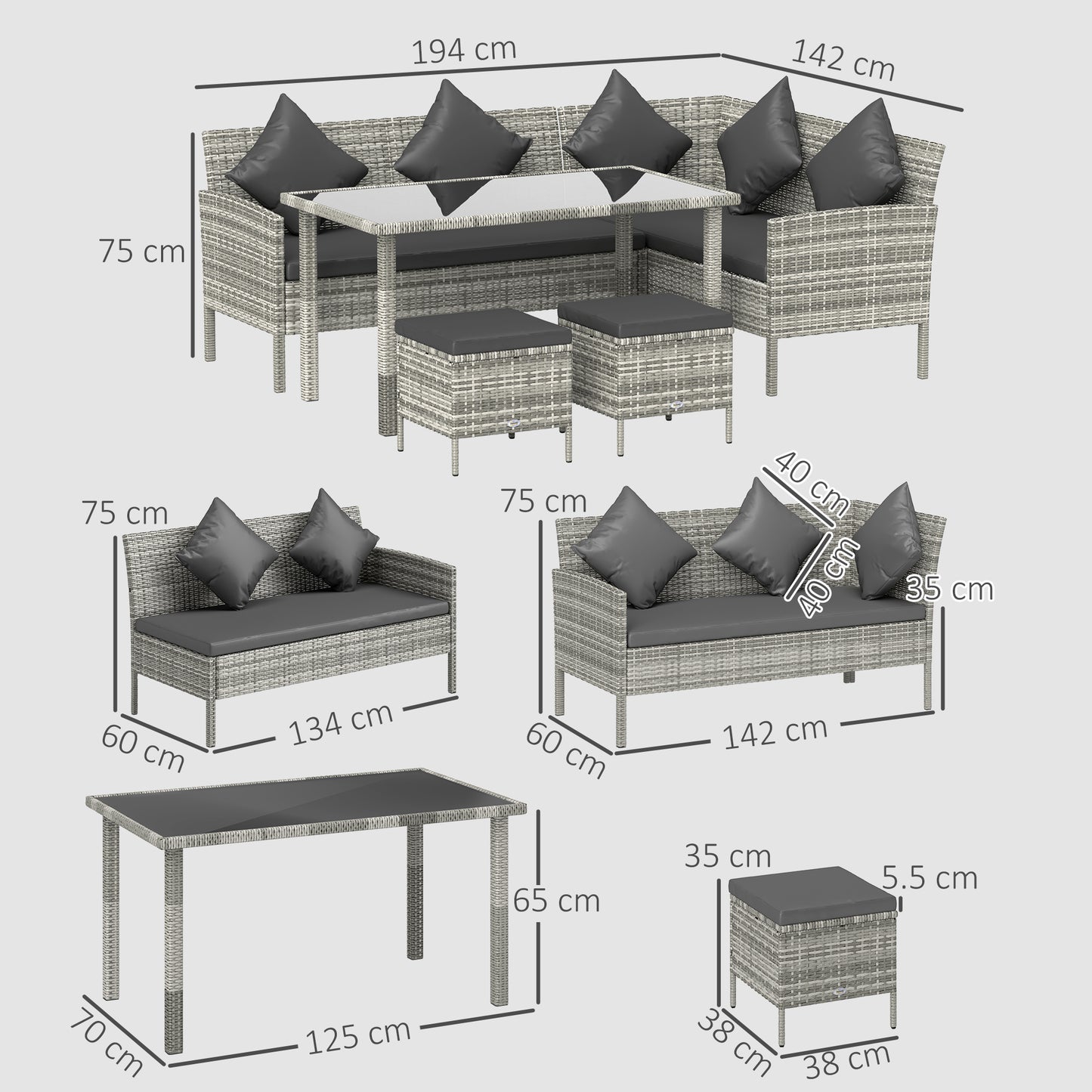 Coha Rattan Dark Grey 6 Seater Outdoor Dining And Sofa Set With Table Footstools And Cushions