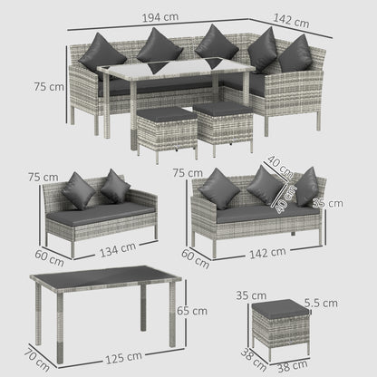 Coha Rattan Dark Grey 6 Seater Outdoor Dining And Sofa Set With Table Footstools And Cushions