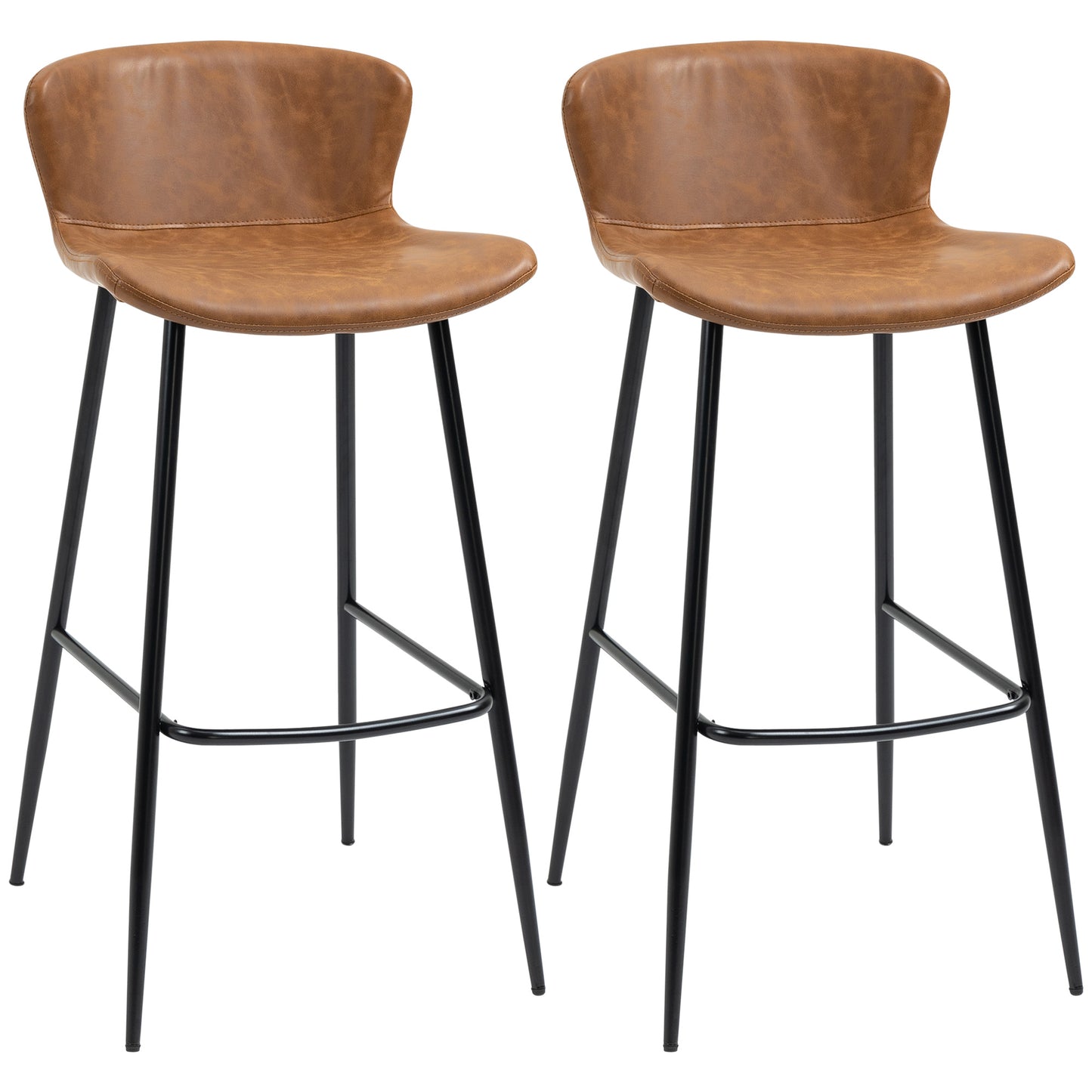 Lorelu Faux Leather Brown Upholstered Bar Chairs Set Of 2 With Steel Legs And Footrest