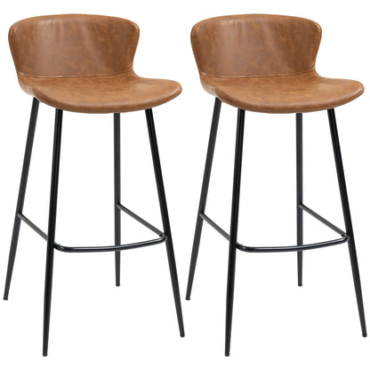 Lorelu Faux Leather Brown Upholstered Bar Chairs Set Of 2 With Steel Legs And Footrest