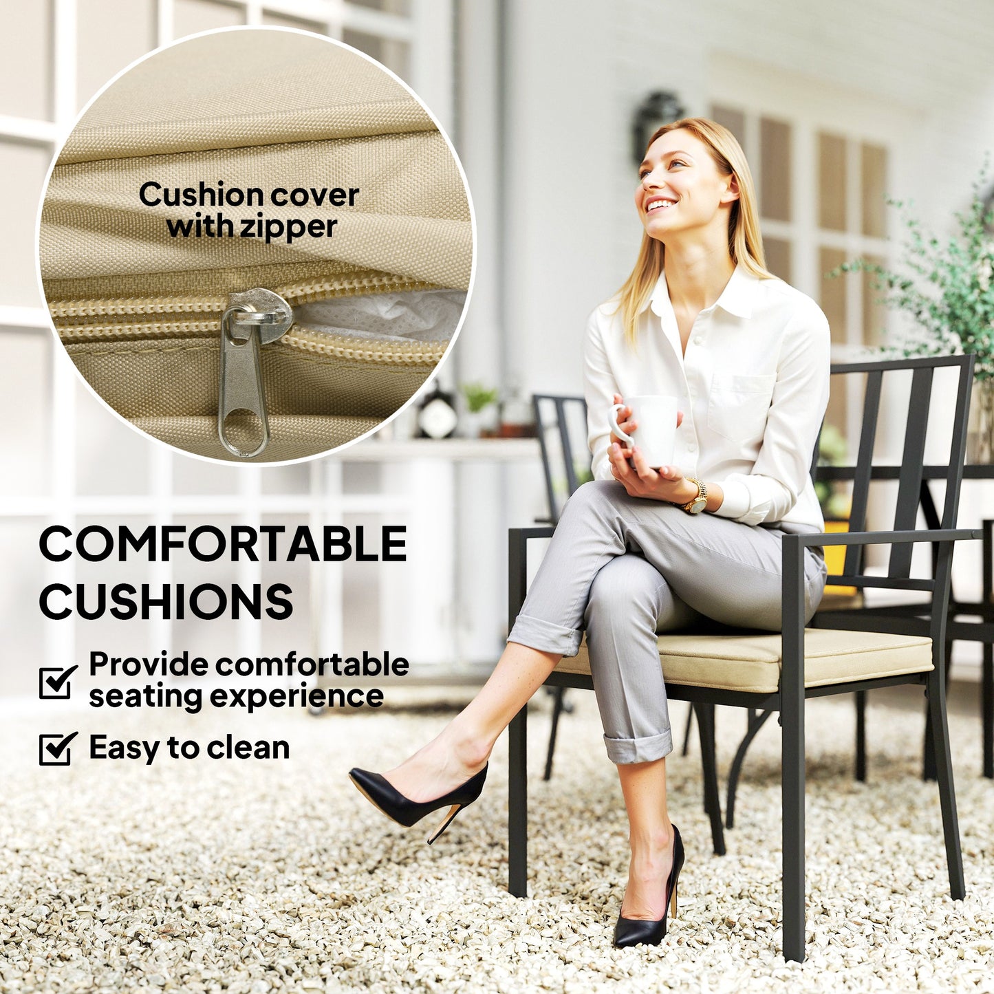 Nonilu Metal Black and Cream 4 Seater Garden Dining Set With Cushions Stackable Chairs and Parasol Hole