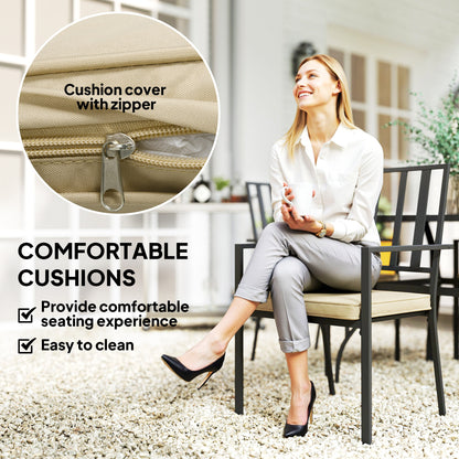 Nonilu Metal Black and Cream 4 Seater Garden Dining Set With Cushions Stackable Chairs and Parasol Hole