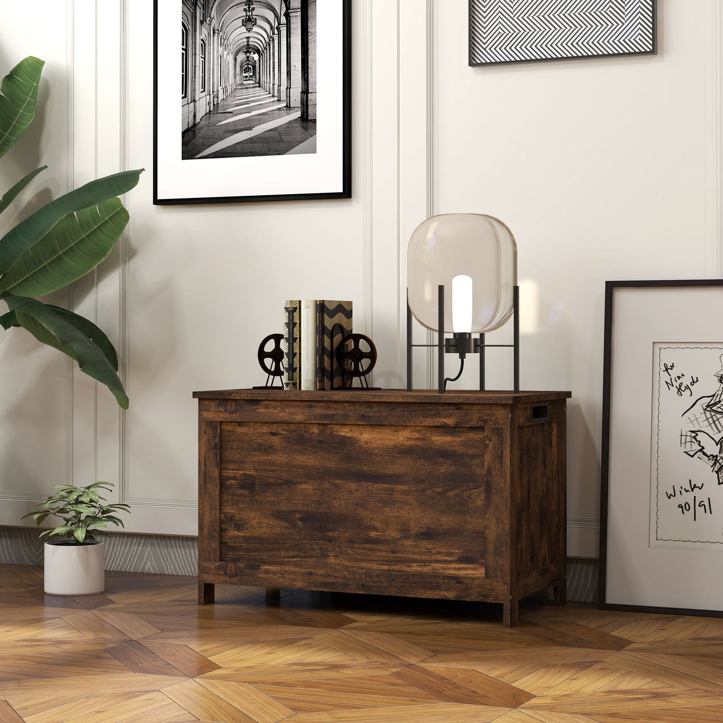 Vesoka Sake Rustic Brown Wooden Storage Chest With Safety Hinges 76 x 40 x 48 cm