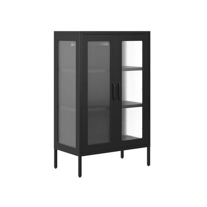 Barla Black Steel Metal 2 Reeded Glass Door Cabinet