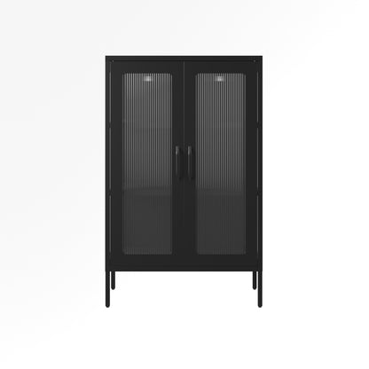 Barla Black Steel Metal 2 Reeded Glass Door Cabinet