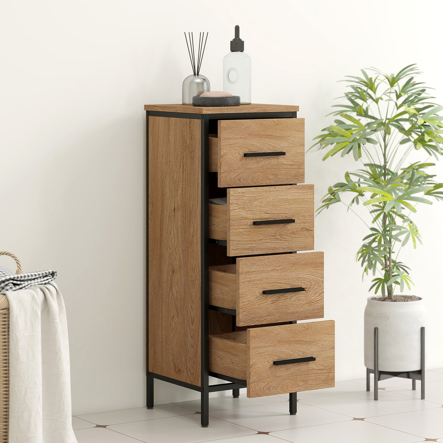 Nita Narrow Bathroom Storage Cabinet With 4 Drawers Oak Finish