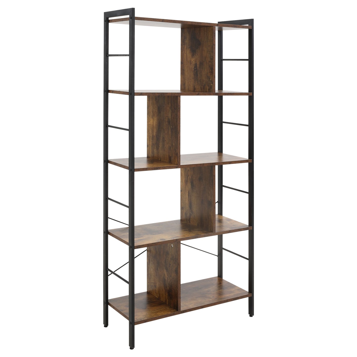 Nofa Luno Metal And Wood Rustic Brown And Black 5 Tier Industrial OFauxn Shelf Bookcase