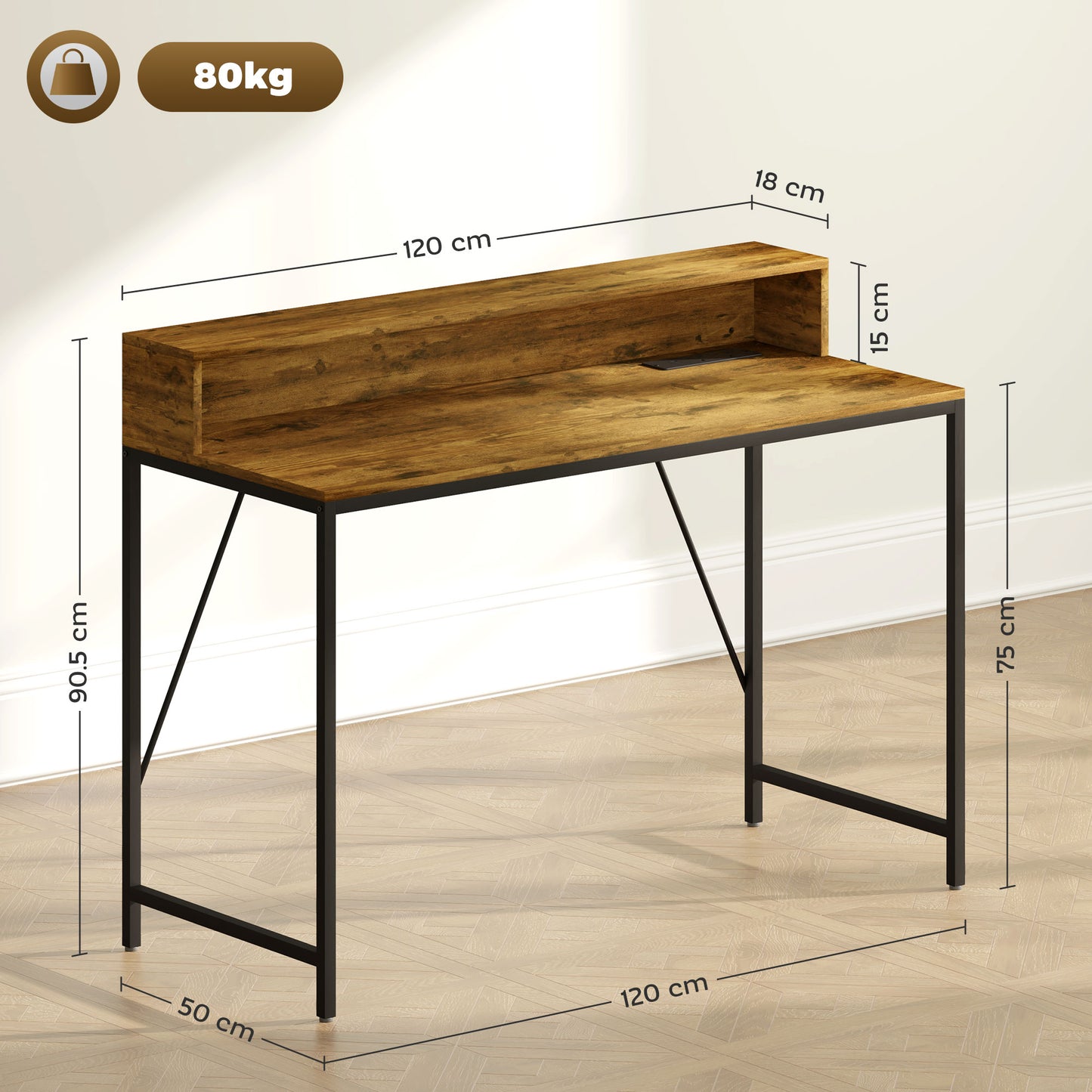 Hanive 120cm Rustic Brown Gaming Desk With LED Lights Power Outlets And Monitor Stand
