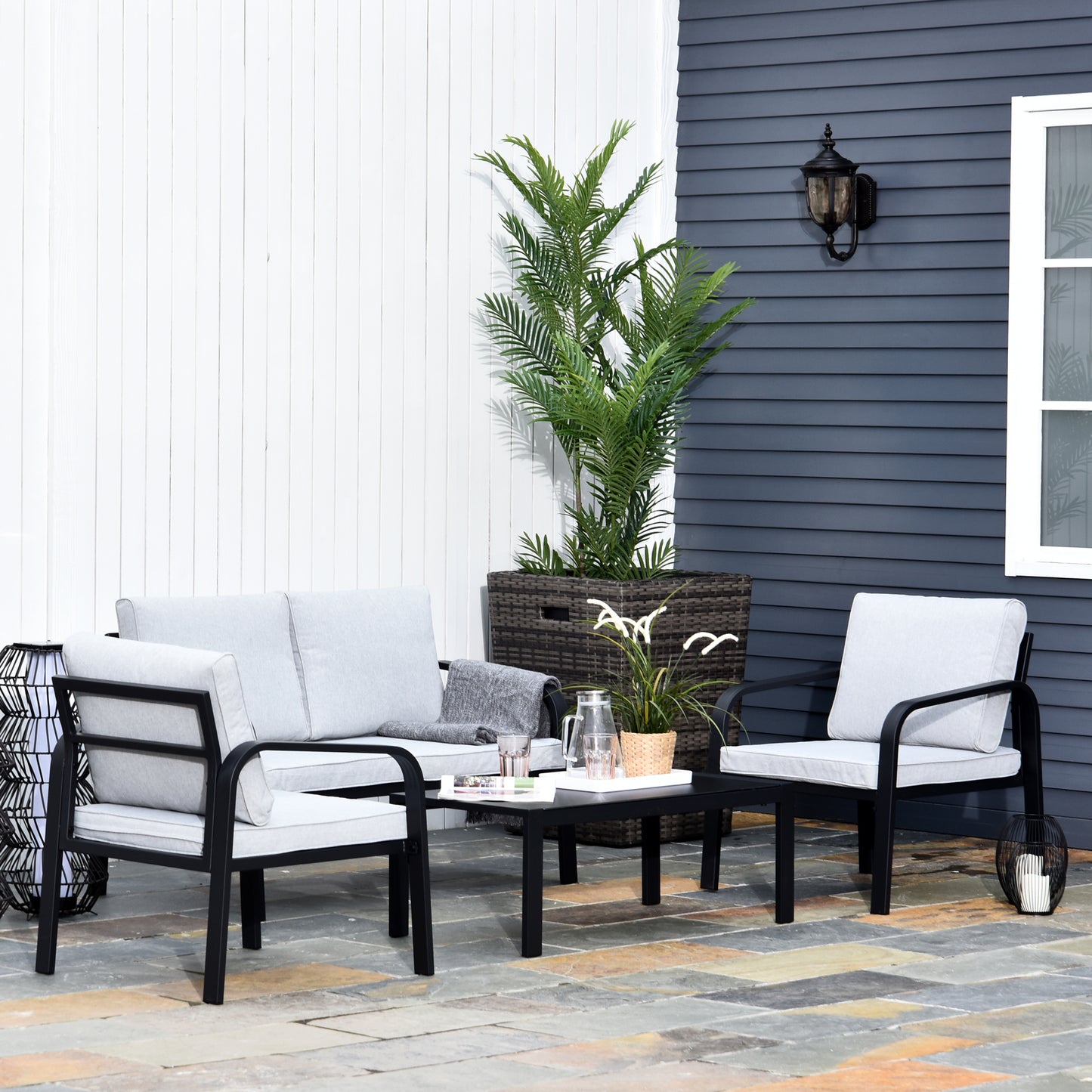 Salela 4 Seater Light Grey Garden Sofa Set with Sofa 2 Armchairs and Coffee Table Black Aluminium Frame